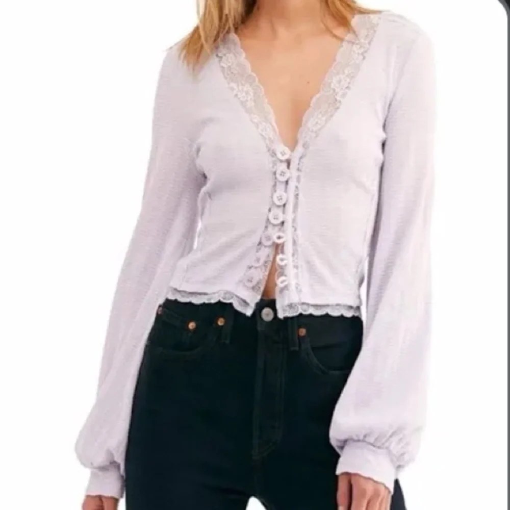 NWT Free People Run With Me Lavender Purple Lace Trim Long Sleeve Blouse